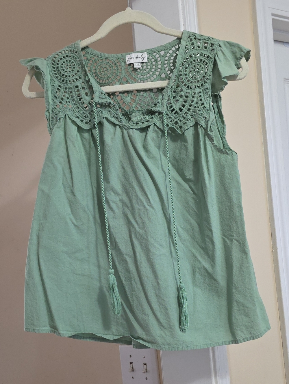 Wonderly Light Sage Crochet Tassel Sleeveless Top